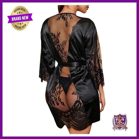 Sheer Satin Robe Lace Trim Half Sleeve Bridal Kimono Lingerie